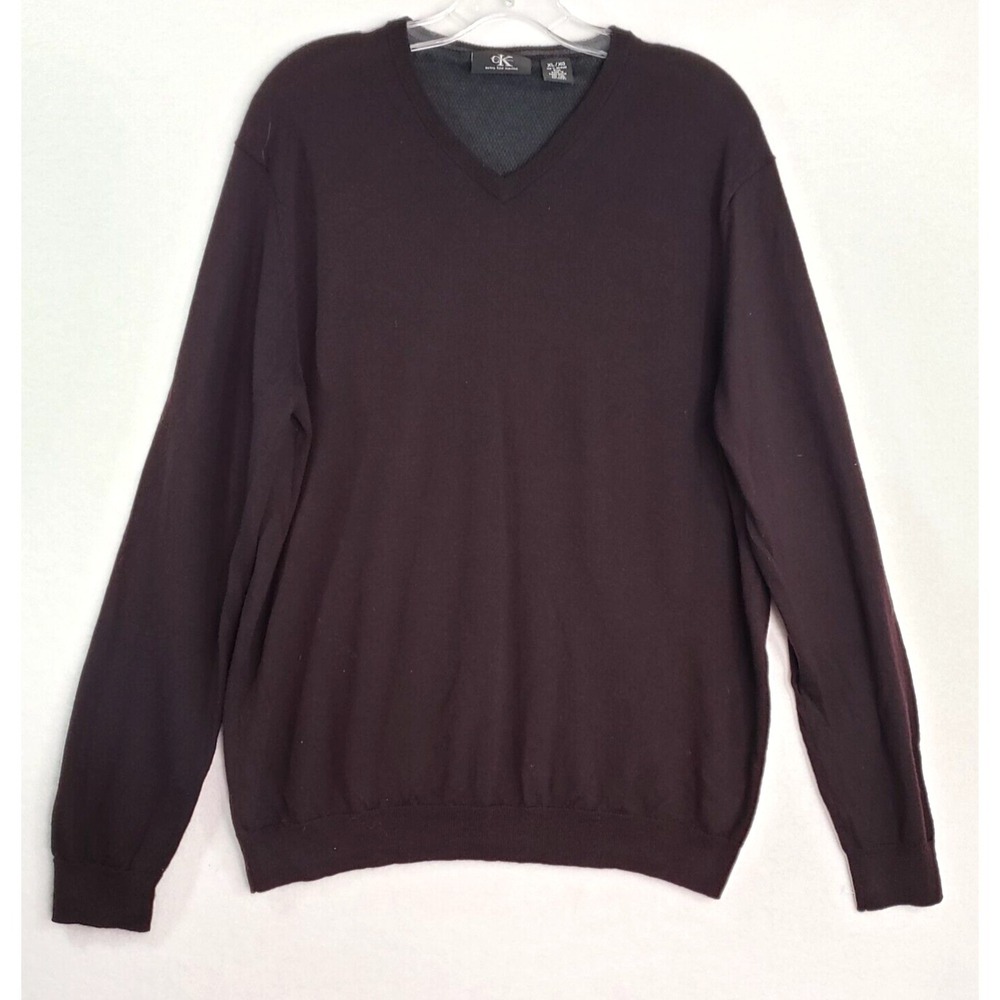 Calvin Klein Merino Wool Sweater Mens XL V-Neck Long Sleeve Pullover Burgundy